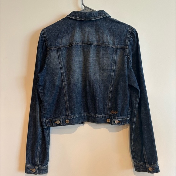 RALPH Ralph Lauren Dark Blue Wash Ruched Shoulder Denim Jean Jacket Medium - Picture 11 of 14